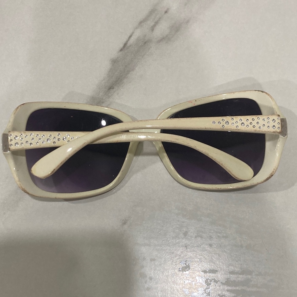 White Frame Sunglasses with Purple Lenses and Crystal Accents - Picture 8 of 16
